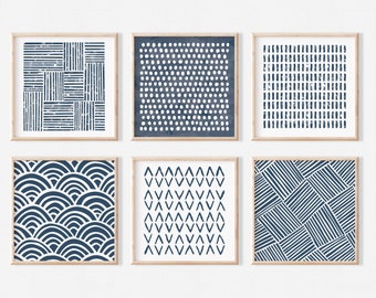 Abstract Boho Navy Blue Gallery Wall | Set of 6 Square Blue Art Prints | Digital Download