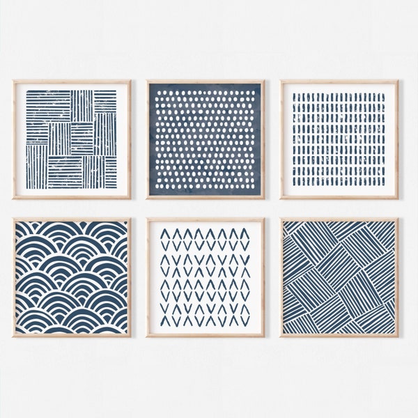 Abstract Boho Navy Blue Gallery Wall | Set of 6 Square Blue Art Prints | Digital Download