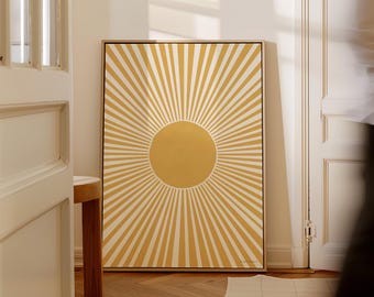 Mustard Yellow Sun Canvas Artwork – Boho Mid-Century Modern Happy Wall Art,  Living Room & Bedroom Colorful Wall Decor