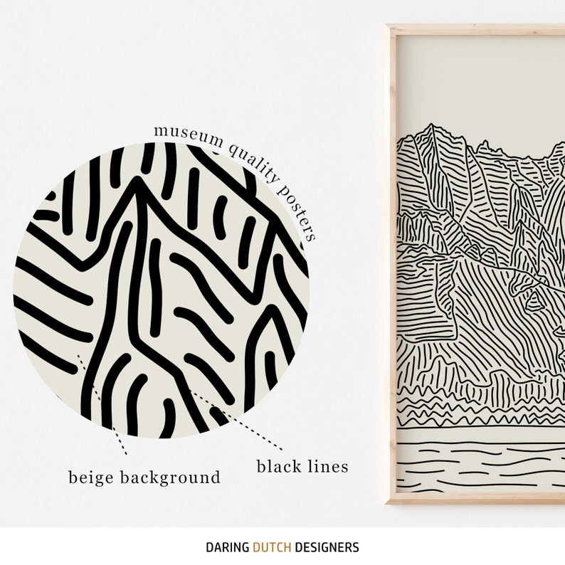 All posters are museum quality. The print has a beige background and the lines are black.