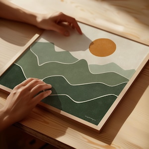 Sage Green Mountain Sun Landscape Poster | Bohemian Style Wall Art | Square Size Art Print 12x12 16x16 20x20 24x24 inch | Framing Option