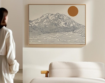 Alaska Denali National Park Line Art Canvas Artwork – Horizontal North America Mountain Wall Art of Mount McKinley