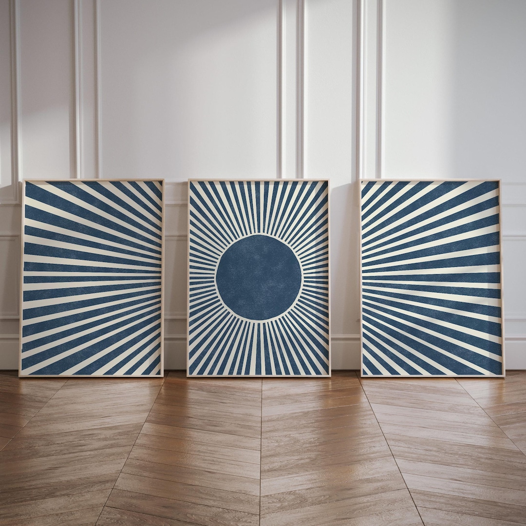 Navy Blue Boho Sun Set of 3 Art Prints | Boho Home Decor | Sunshine 3 ...