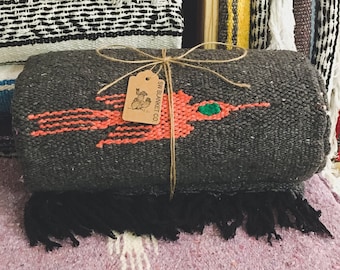 Charcoal Gray Thunderbird Design Handwoven Mexican Blanket