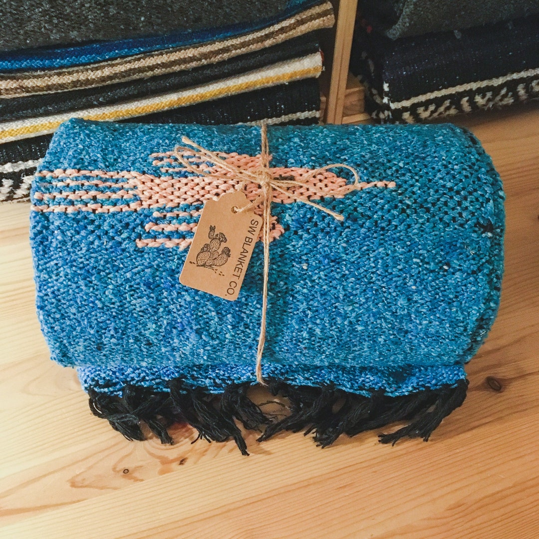 Turquoise / Thunderbird Design / Handwoven Mexican Blanket / Midweight
