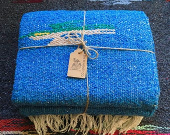 Thunderbird Mexican Blanket, Handwoven Ocean Blue Throw, Beach Blanket with Tassels, Southwestern Home Decor, Recycled Fiber Yoga Mat