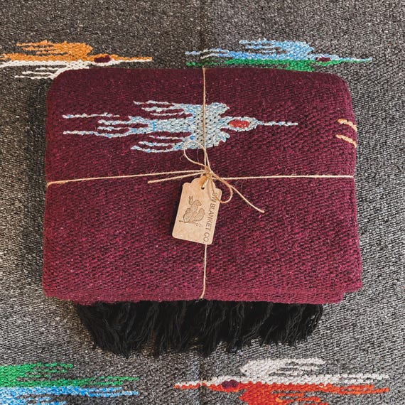 Burgundy Thunderbird Design Handwoven Mexican Blanket, Southwest Blanket, Southwestern Yoga Throw, Western Home Decor