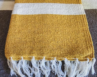 Handwoven Striped Wool Blanket: Gold with White Stripes, Southwest Throw, Southwestern Decor