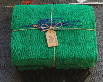 Handwoven Green Mexican Blanket: Southwest Thunderbird Design