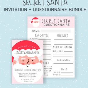 Secret Santa Party Bundle | Invitation | Questionnaire | Pink Christmas | Gift Exchange | Secret Friend | Printable | Editable Template
