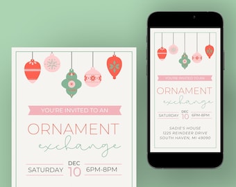 May include: A printable invitation for an ornament exchange party. The invitation features a pink and green color scheme with a festive design of hanging ornaments. The text on the invitation reads "You're invited to an Ornament Exchange" with the date and time of the event. The invitation also includes the address of the event.
