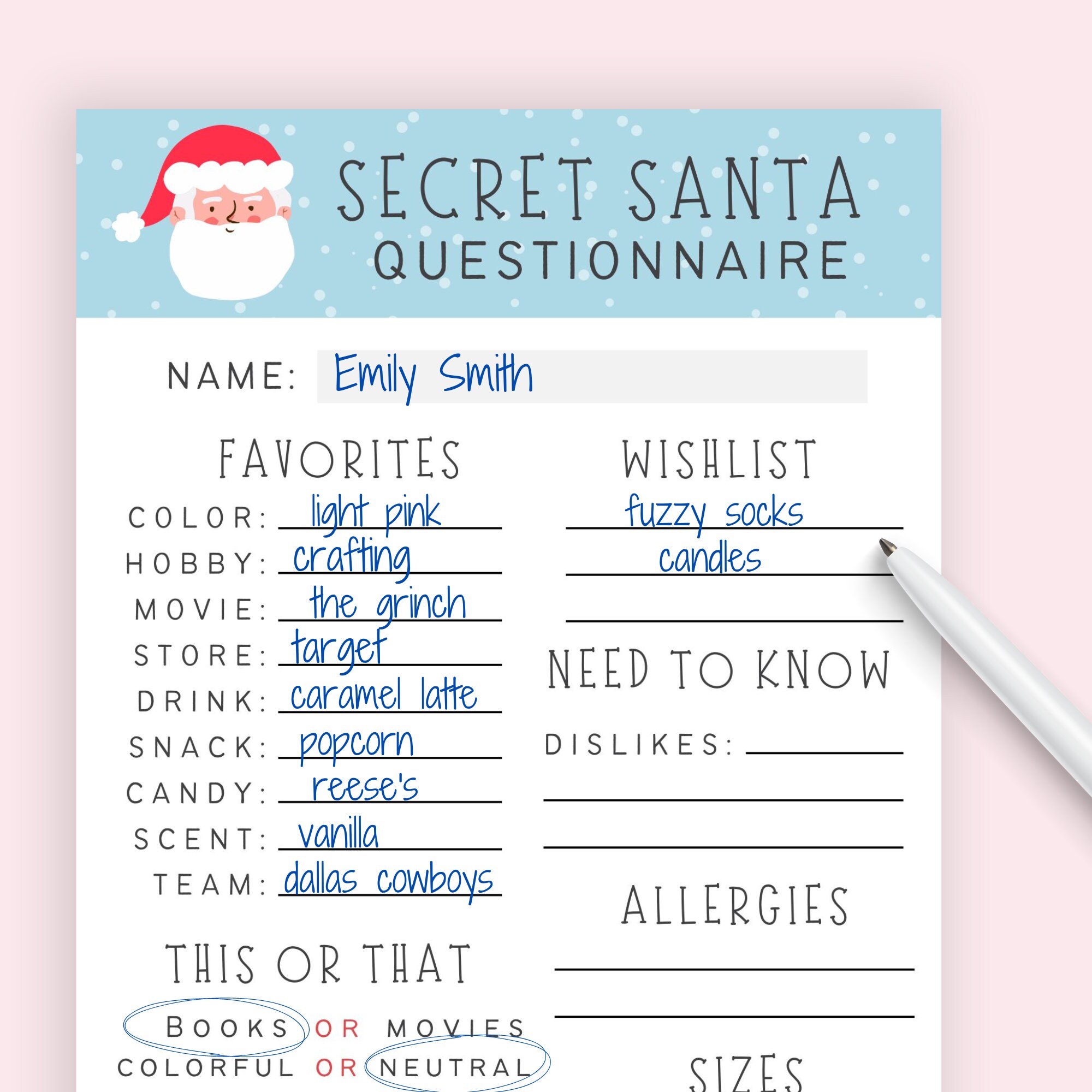 Secret Santa Party Bundle | Invitation | Questionnaire | Blue Christmas ...
