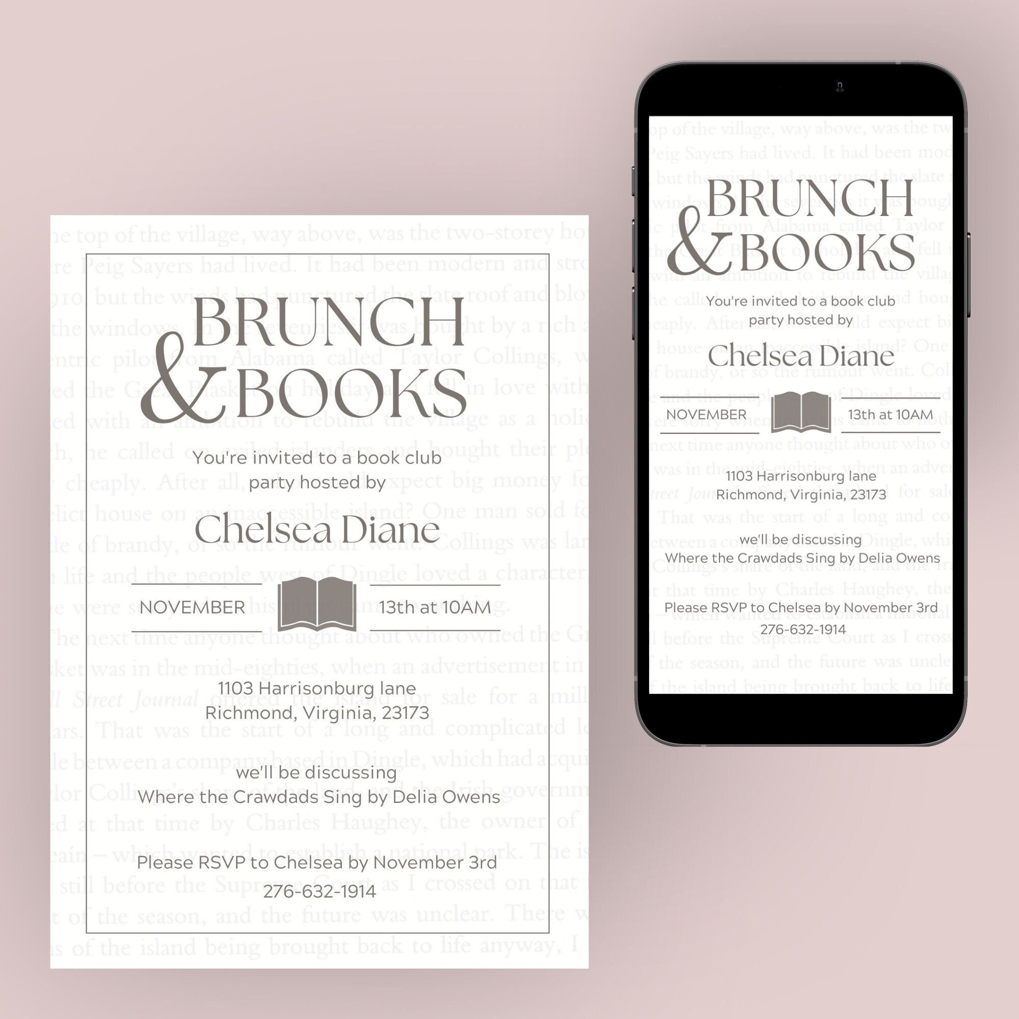 Brunch &amp; Books Party Invitation | Book Club | Printable Template | PDF ...