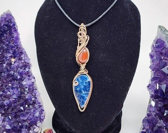 Stunning Wire Wrapped DOUBLE pendant with blue Sodalite and red Carnelian gemstones in copper