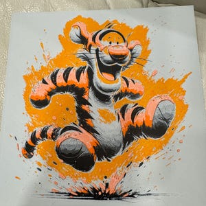 May include: A colourful illustration of a cartoon tiger jumping with a bright orange and yellow background. The tiger is wearing a black and orange striped shirt and has a big smile.