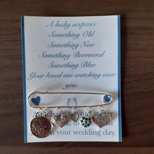 Something Blue wedding bridal pin kilt pin with charms blue crystal heart Bride memorial horseshoe personalised pin for wedding day memorial