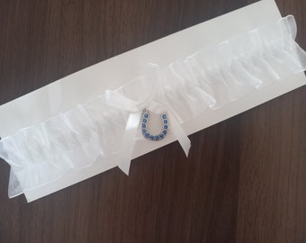 Wedding garter, wedding gift for bride, something blue, white garter,lucky horseshoe, bride garter,wedding keepsake