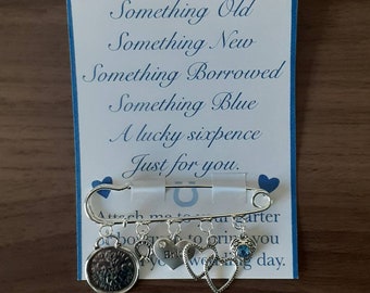 Something Blue wedding bridal pin kilt pin with charms blue crystal heart Bride lucky horse shoe horseshoe personalised pin for wedding day