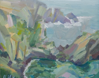 Clifftop walk on a misty morning, Pembrokeshire seascape, framed painting