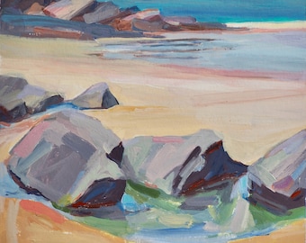 Cornish beach with rock pools, original painting