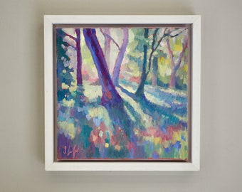 First bluebells, woodland scene, framed original oil painting