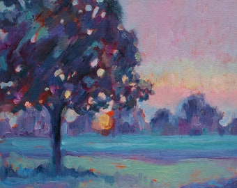 Tree with sunset, framed oil painting