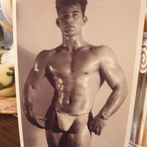 Standing Man Imperfect photograph Tall cute hunk Muscular Bodybuilder beefcake jock  Shirtless male steamy guy gay int photo candid snapshot