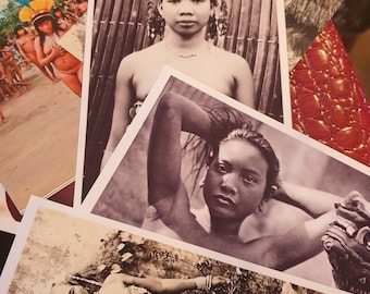 c1940s Vintage Ethnic Girls Photo Lot of 7 Photographs Bali Indonesia, Africa, Arab, Thailand, printed in 1990 of candid snapshots postcards