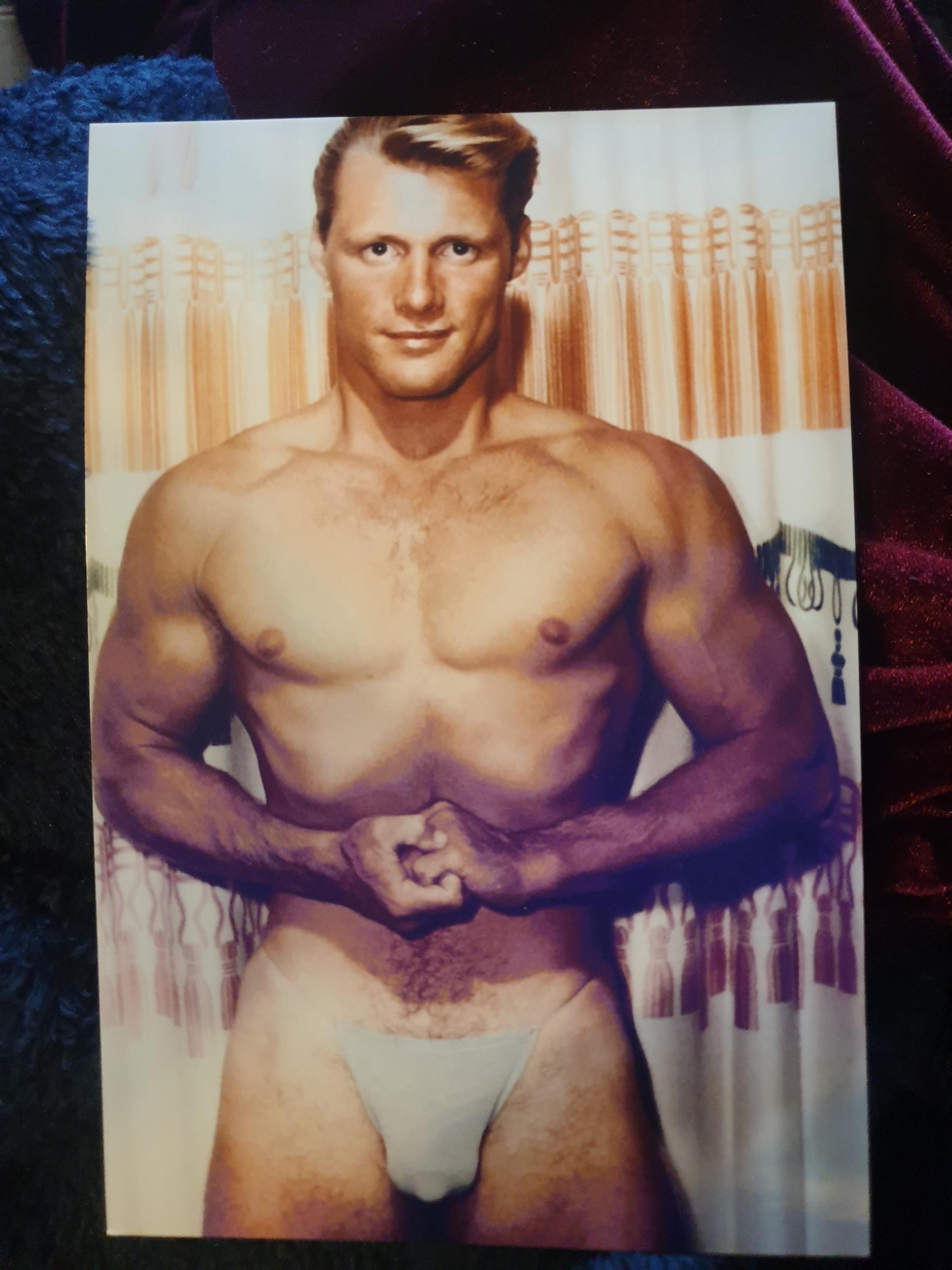 1950s Blond muscular Vintage Bodybuilder Handsome Man Excellent physique beefcake jock at studio gay int photo printed 1990s candid snapshot
