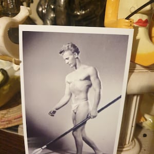 Blond Bodybuilder w prop - Imperfect photograph Tall cute hunk Muscular beefcake Shirtless male steamy guy gay int photo lad candid snapshot