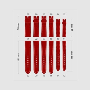 May include: A diagram of red watch straps with varying widths and lengths. The straps are labeled with sizes from 12mm to 24mm. The longer straps are 125 mm in length, and the shorter straps are 68 mm and 78 mm in length.
