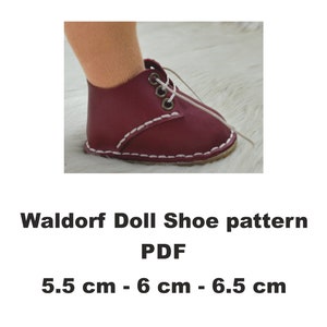 May include: Red leather doll shoes with white stitching and laces. Waldorf Doll Shoe pattern PDF. 5.5 cm - 6 cm - 6.5 cm.