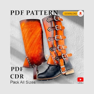 May include: A pair of leather chaps with multiple buckles and straps, paired with a black shoe. The chaps are a vibrant orange color with a textured finish. The image also includes the text "PDF PATTERN" and "DOWNLOAD".