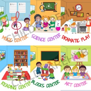 May include: Illustration of a classroom with six learning centers: music, science, dramatic play, reading, blocks, and art. Each center has children playing and learning.