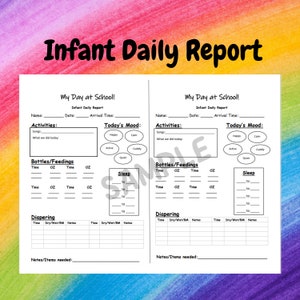 May include: Black and white printable infant daily report form with sections for name, date, arrival time, activities, songs, what we did today, today's mood, bottles/feedings, sleep, and diapering.