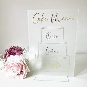 Acrylic Cake Menu- Wedding Cake Sign- Frosted Acrylic- Wedding Cake Flavour Sign- Perspex Sign- Silver, Gold, Rose Gold- Let's Eat Cake