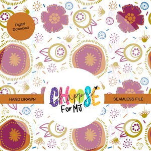 May include: A seamless digital pattern featuring a repeating floral design in shades of purple, gold, and blue on a white background. The design includes flowers, circles, and other decorative elements. The text "Choose For MJ" is also present.