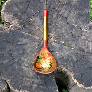 Vintage wooden hand painted spoon, khokhloma spoon  collectibles folk art
