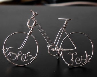 Hand-made wire bicycles miniatures with personalisation