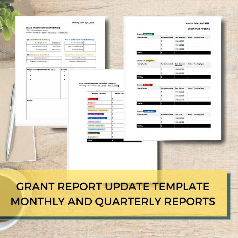 Grant report update template showing funding summaries, accomplishments, goals, and a grant pipeline
