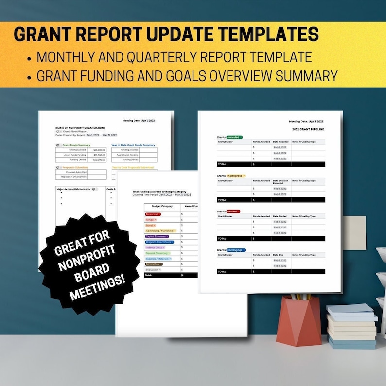 Grant reporting templates arranged as a monthly and quarterly reporting set with funding and goals summaries