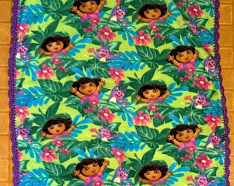 Dora the Explorer Fleece Baby/Toddler Blanket with Scalloped Crocheted Edging 30”x40”.