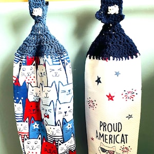 Cat Themed: Proud Americat or Patriotic Cats - Double Layer Crocheted Top Hanging Towels.