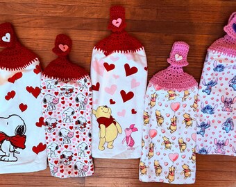 Hanging Towels with Valentine's Day Cartoon Character Themed Patterns.