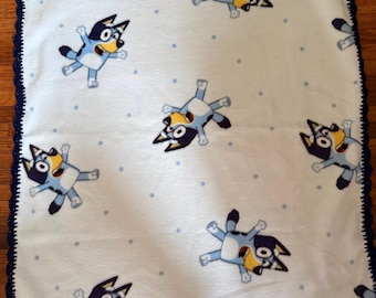 Bluey Themed Fleece Baby Blanket with Scalloped Crocheted Edging 30”x30”.