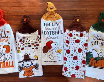 Autumn Themed Crocheted Top Hanging Towels with Cartoon Character Patterns.