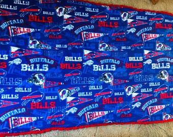 Buffalo Bills Fleece Baby/Toddler Blanket: Retro Pattern, Red Crochet Edge