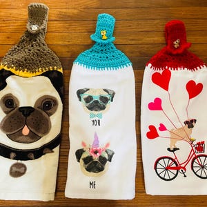 Pug Themed Double Thick Crocheted Top Hanging Towels