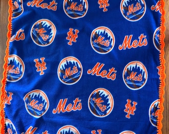 NY Mets Fleece Baby/Toddler Blanket with Orange Scalloped Crocheted Edging.