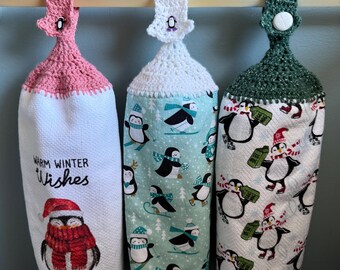 Penguin Winter Themed Crocheted Top Hanging Towels.